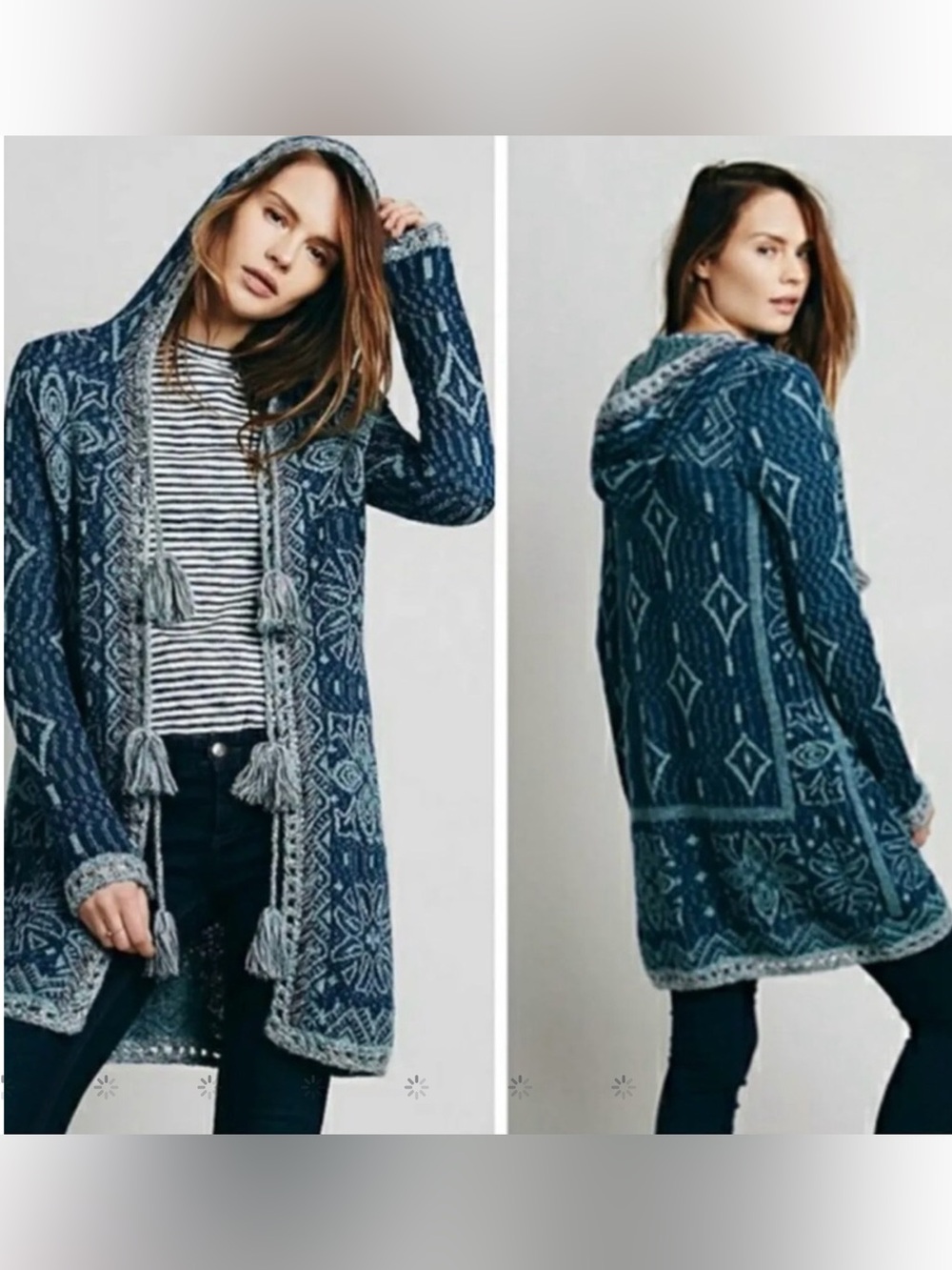 Free People Kai Pom Pom hooded sweater Patterned Hooded Tassel cardigan